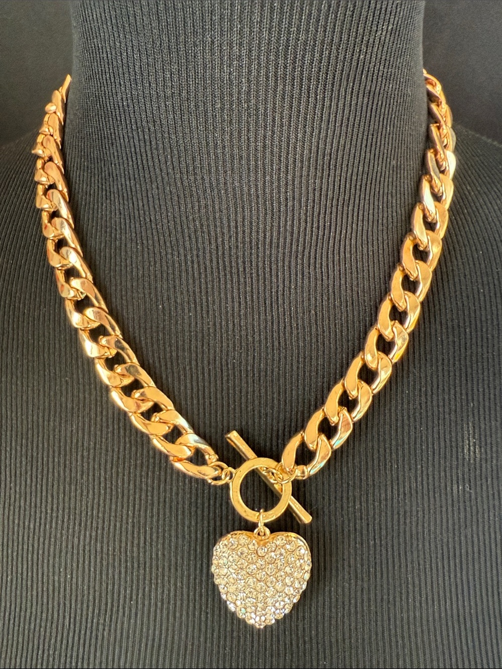 Vintage gold tone Chain Necklace and bracelet with Pavé Heart Pendant